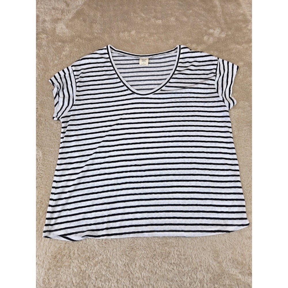 Good Hart Womens Black White Striped‎ Scoop Neck Cap Sleeve Slub Knit Top Large